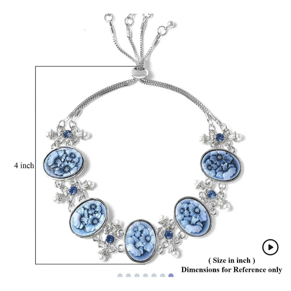 Blue Floral Cameo Bolo Bracelet Silvertone Adjustable Pearl‎ Crystal Accents